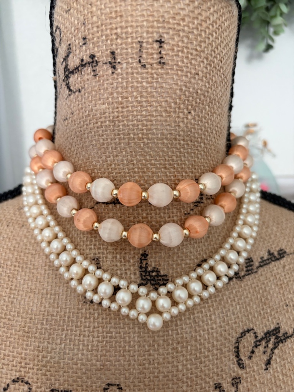 Elegant Two-Tone Peach and Ivory  Silk Pearls and Faux Pearl  Necklace Set